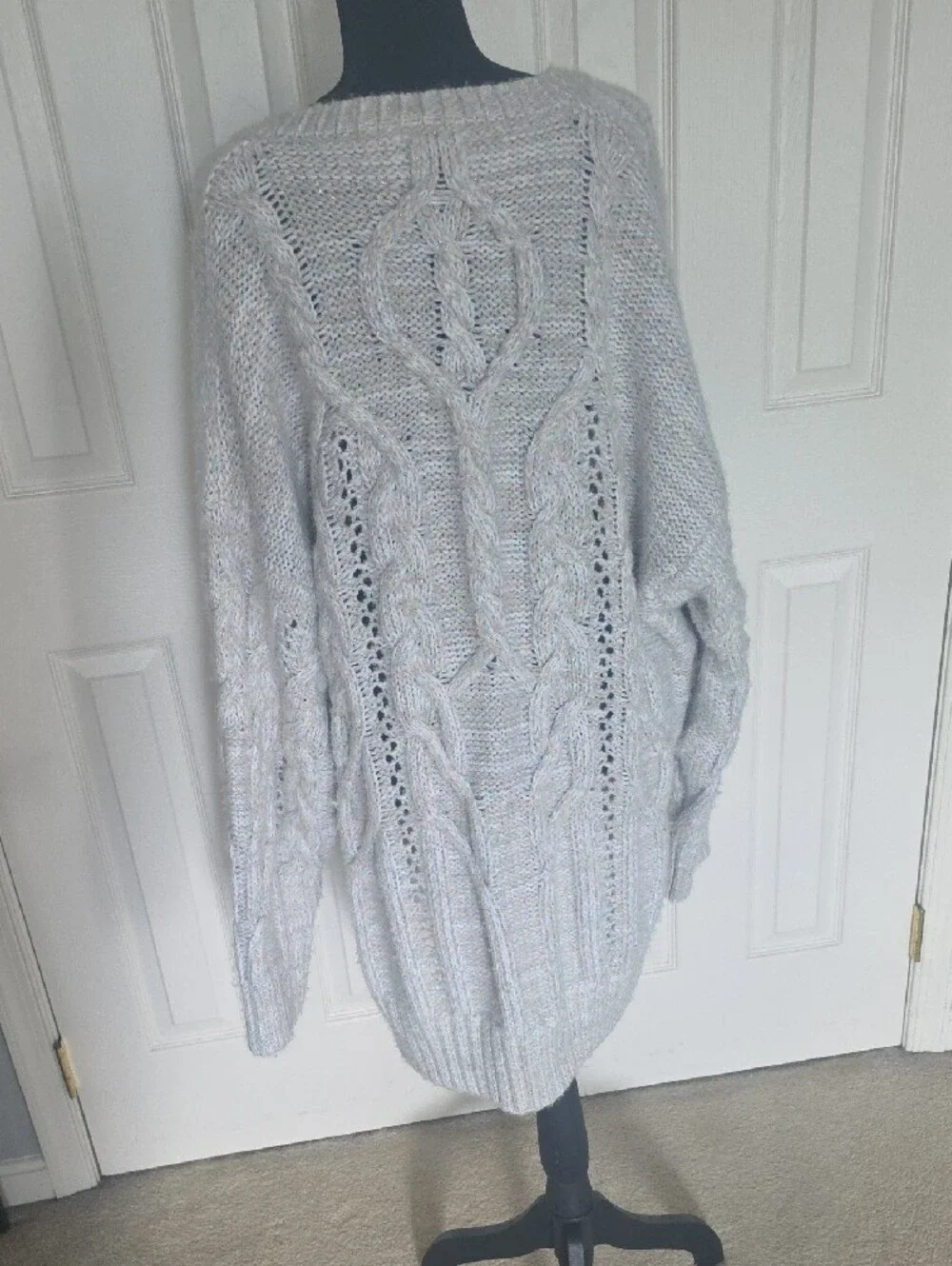 Anthropologie Light Gray Open-Knit Cable V-Neck Sweater